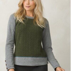 Prana Aya Crewneck Button Sleeve Wool Sweater Green Gray Women's Size Large